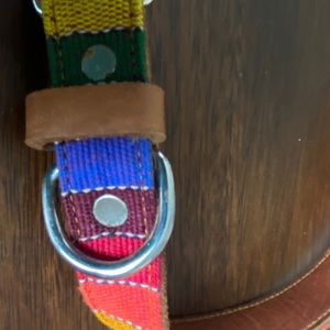 Leather and fabric dog collar. Multicolor rainbow hues. Metal buckle. Size 20
